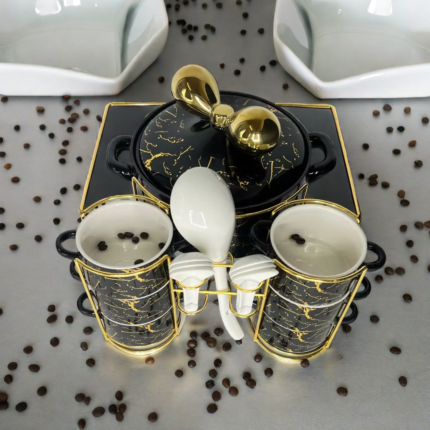 marble ceramic soup pot set with iron golden frame light luxury bow gold cover household soup bowl iron